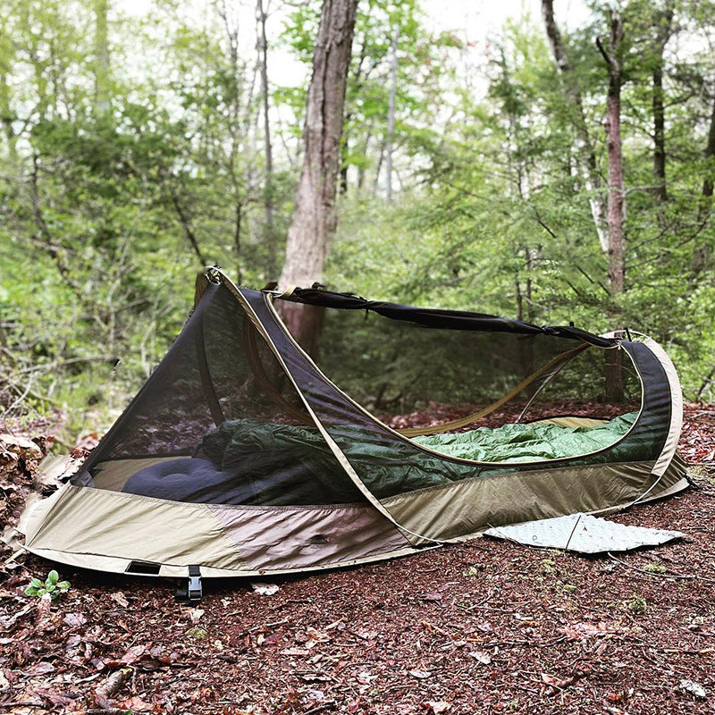 MosquitoFort Instant Tent,0.9kg 1-Sec Setup,220×80cm Panoramic Mesh Aluminum Pop-Up,2000mm Rainproof,OD Green/Brown Camo