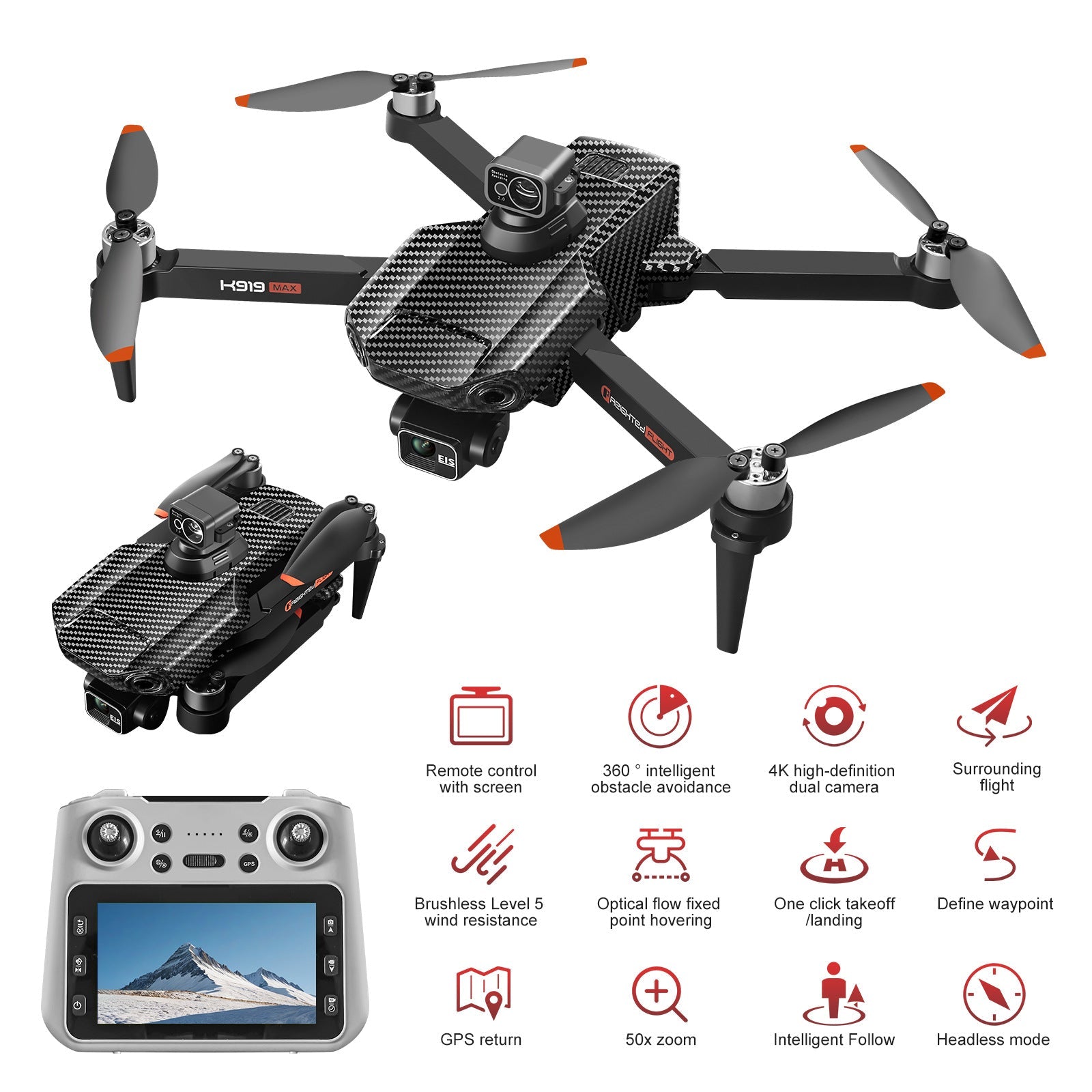 K919MAX Professional Drone,4K 3 - Axis Gimbal,360° Laser Avoidance 30min Flight,5G 3000m Transmission,Foldable Portable Design - URANBATO