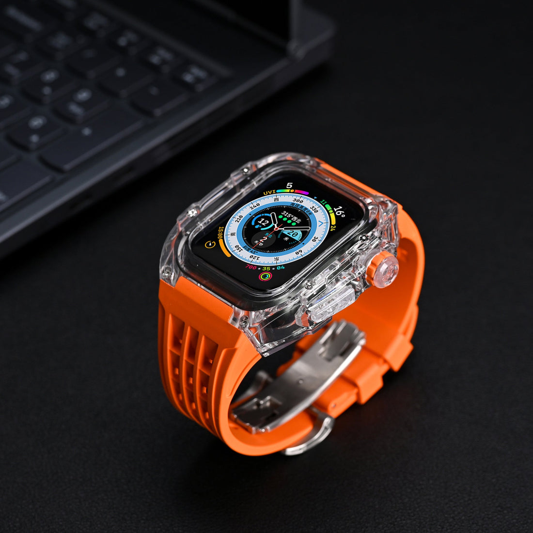 Suitable for Apple 44/45mm watch with transparent case modification case, fluororubber belt and butterfly buckle - URANBATO