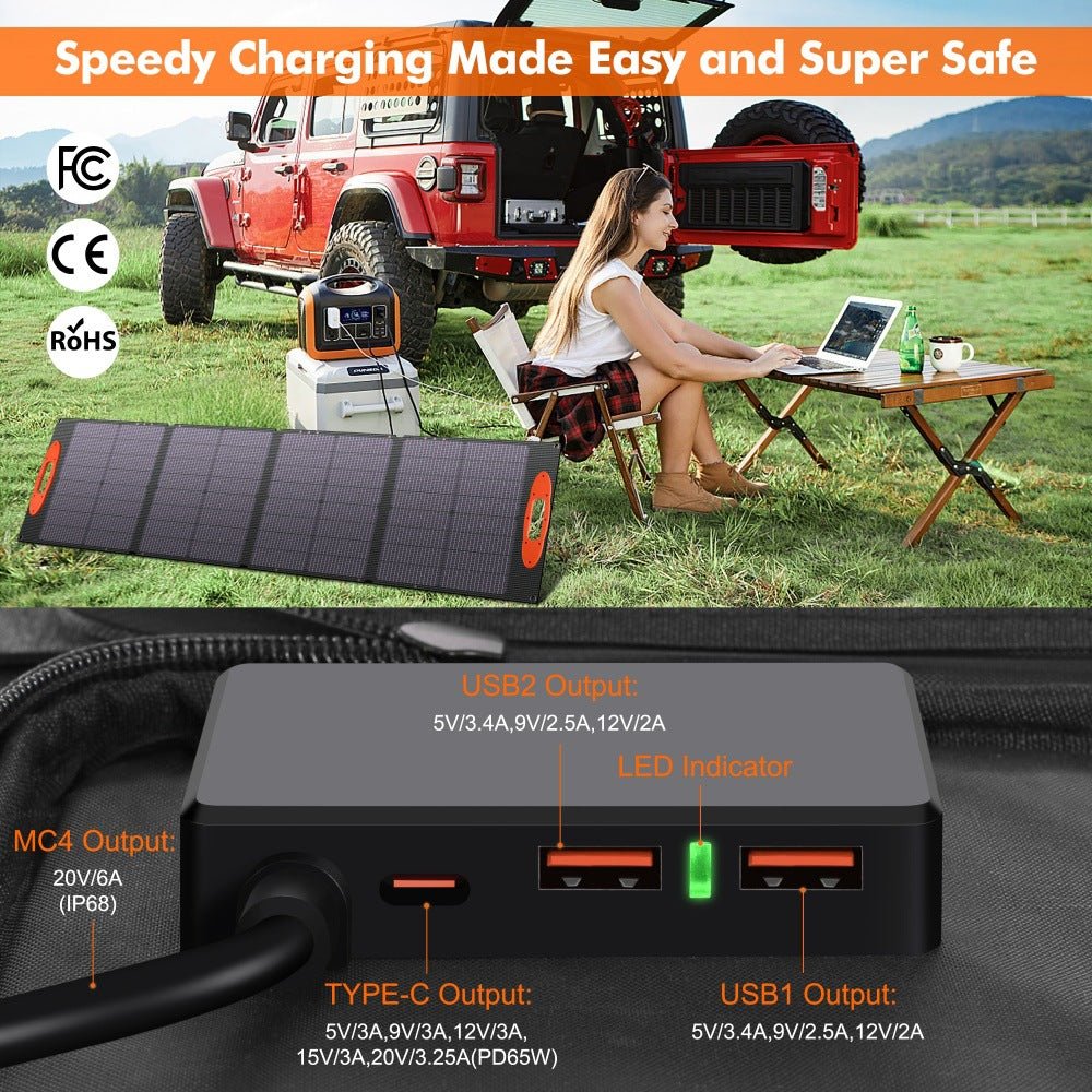 120W portable outdoor solar panel with USB output, foldable monocrystalline photovoltaic panel, suitable for charging digital devices in RV camping,Suitable for Blackout/Fishing/Camping/RV Trip - URANBATO