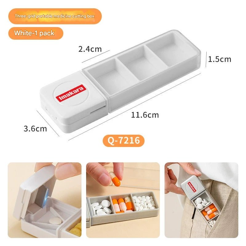 3 - in - 1 Pill Manager,Split+Store+Protect,50g Medical ABS 39×39mm Compact,Sealed Compartments,White/Grey - URANBATO