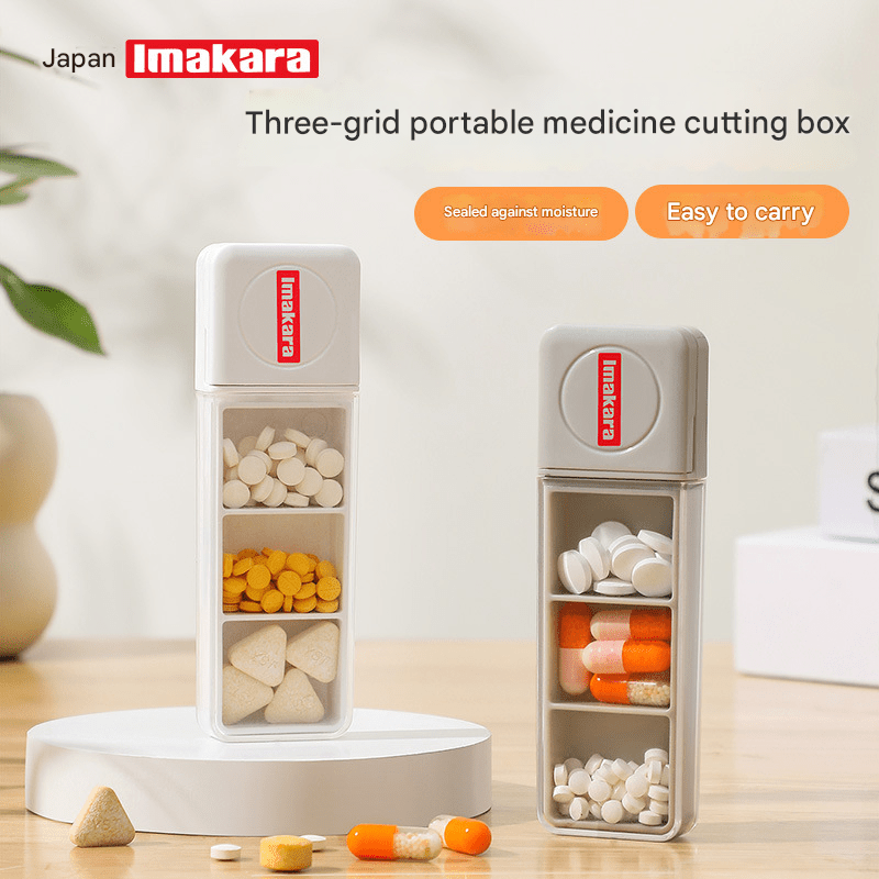 3 - in - 1 Pill Manager,Split+Store+Protect,50g Medical ABS 39×39mm Compact,Sealed Compartments,White/Grey - URANBATO