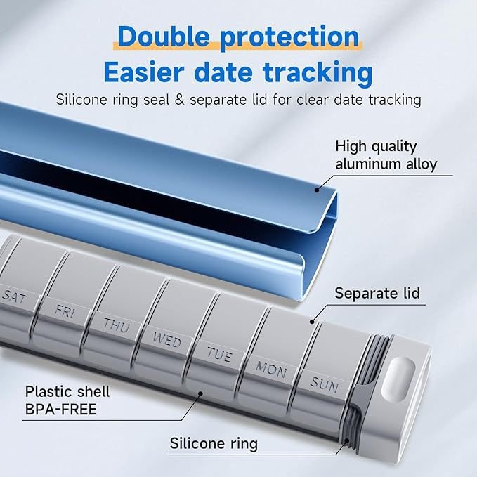 7 - Day Pill Organizer,PP/Aluminum - Silicone,170g Portable System Silicone Seal,Day - Specific Compartments,180×50×30mm Capacity - URANBATO