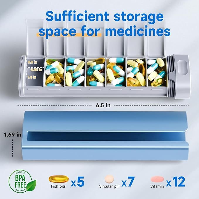 7 - Day Pill Organizer,PP/Aluminum - Silicone,170g Portable System Silicone Seal,Day - Specific Compartments,180×50×30mm Capacity - URANBATO