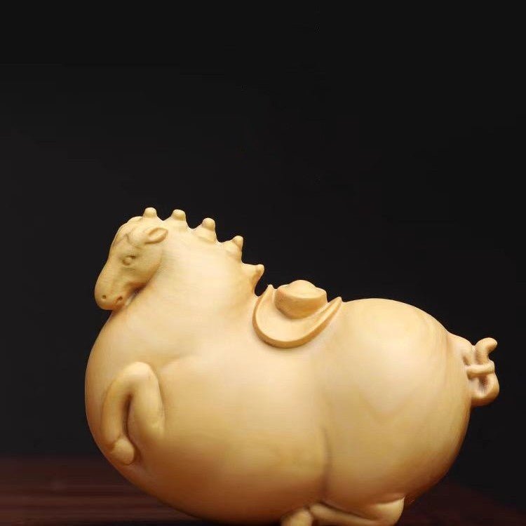 Authentic small - leaf boxwood small Tang horse, natural log cute fat horse, solid wood carved play hand - held small objects - URANBATO
