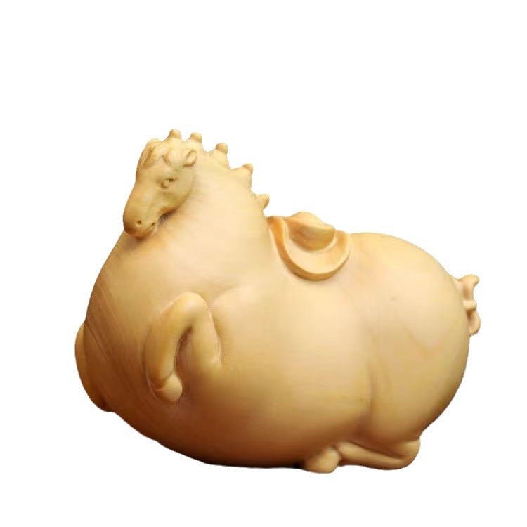 Authentic small - leaf boxwood small Tang horse, natural log cute fat horse, solid wood carved play hand - held small objects - URANBATO