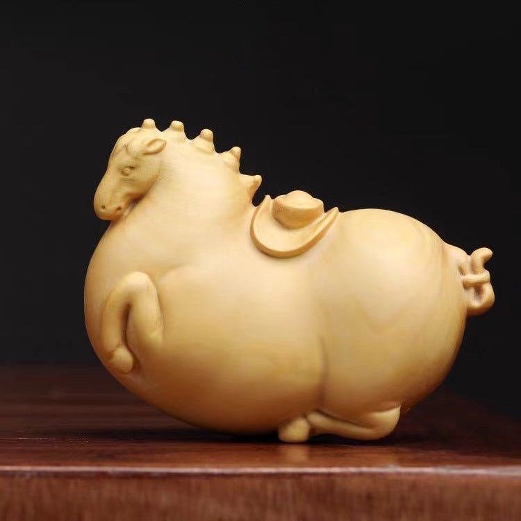 Authentic small - leaf boxwood small Tang horse, natural log cute fat horse, solid wood carved play hand - held small objects - URANBATO