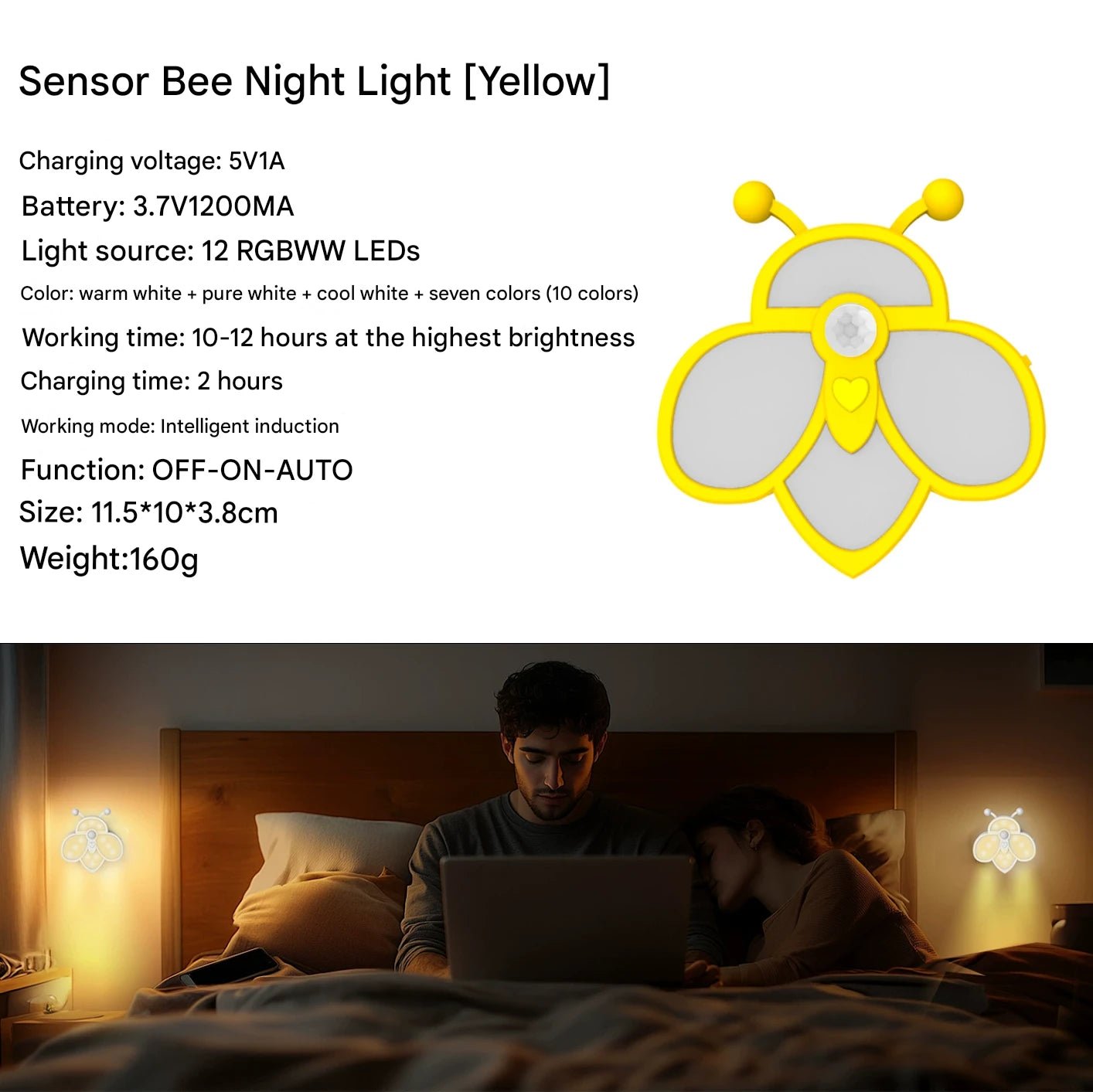Bee Sensor Night Light,0.3s Motion Detect,Tri - Color Mood Master,5000 - Hour Lifespan - URANBATO