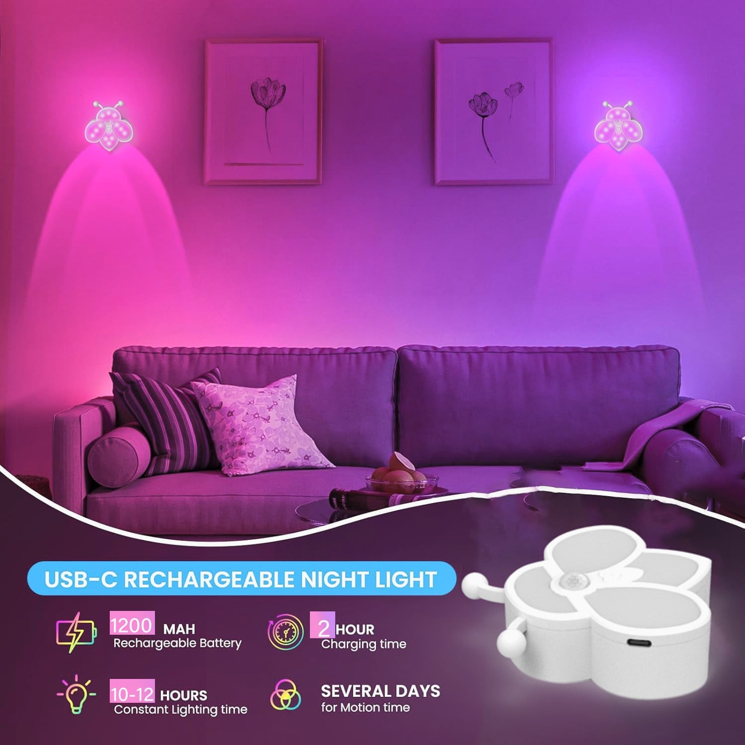 Bee Sensor Night Light,0.3s Motion Detect,Tri - Color Mood Master,5000 - Hour Lifespan - URANBATO