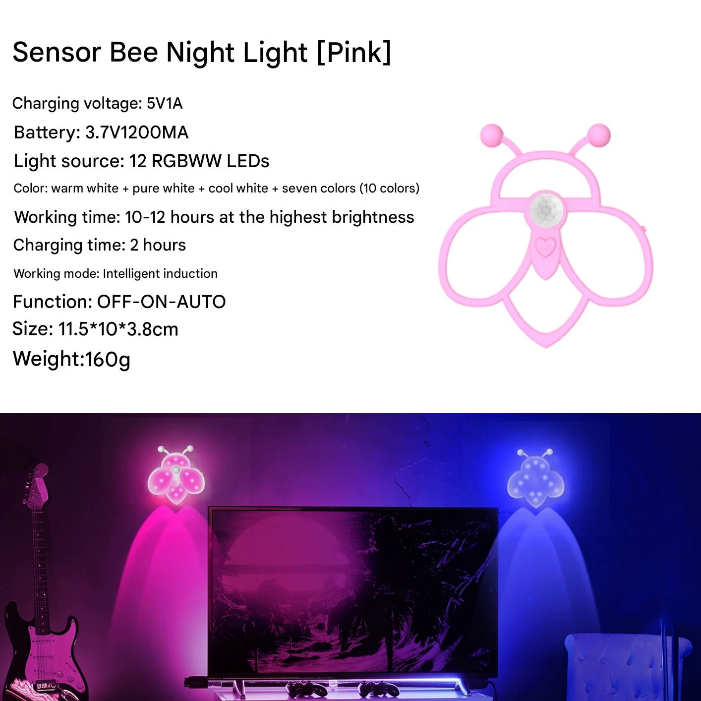 Bee Sensor Night Light,0.3s Motion Detect,Tri - Color Mood Master,5000 - Hour Lifespan - URANBATO