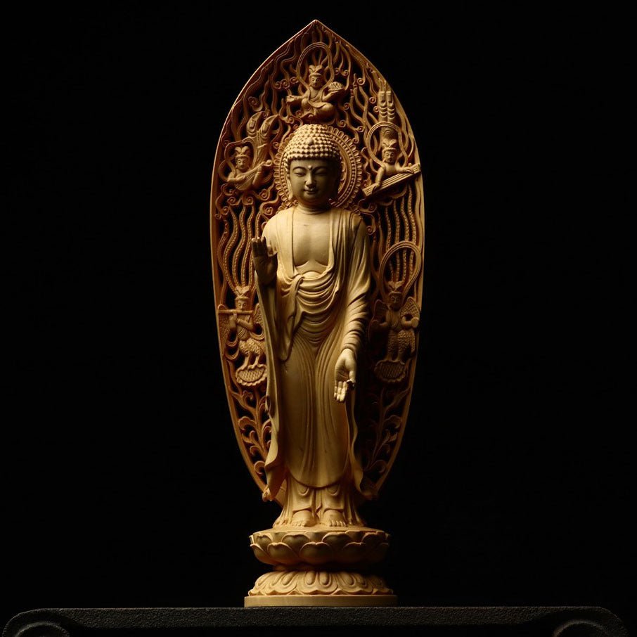 Boxwood carved Sakyamuni Buddha statue, lotus Buddha ornaments - URANBATO