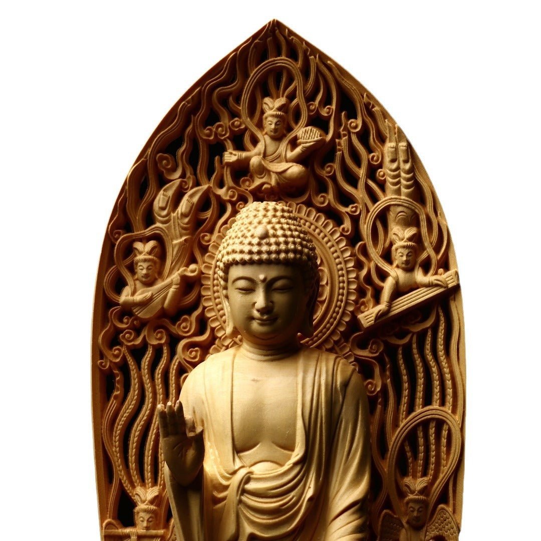 Boxwood carved Sakyamuni Buddha statue, lotus Buddha ornaments - URANBATO