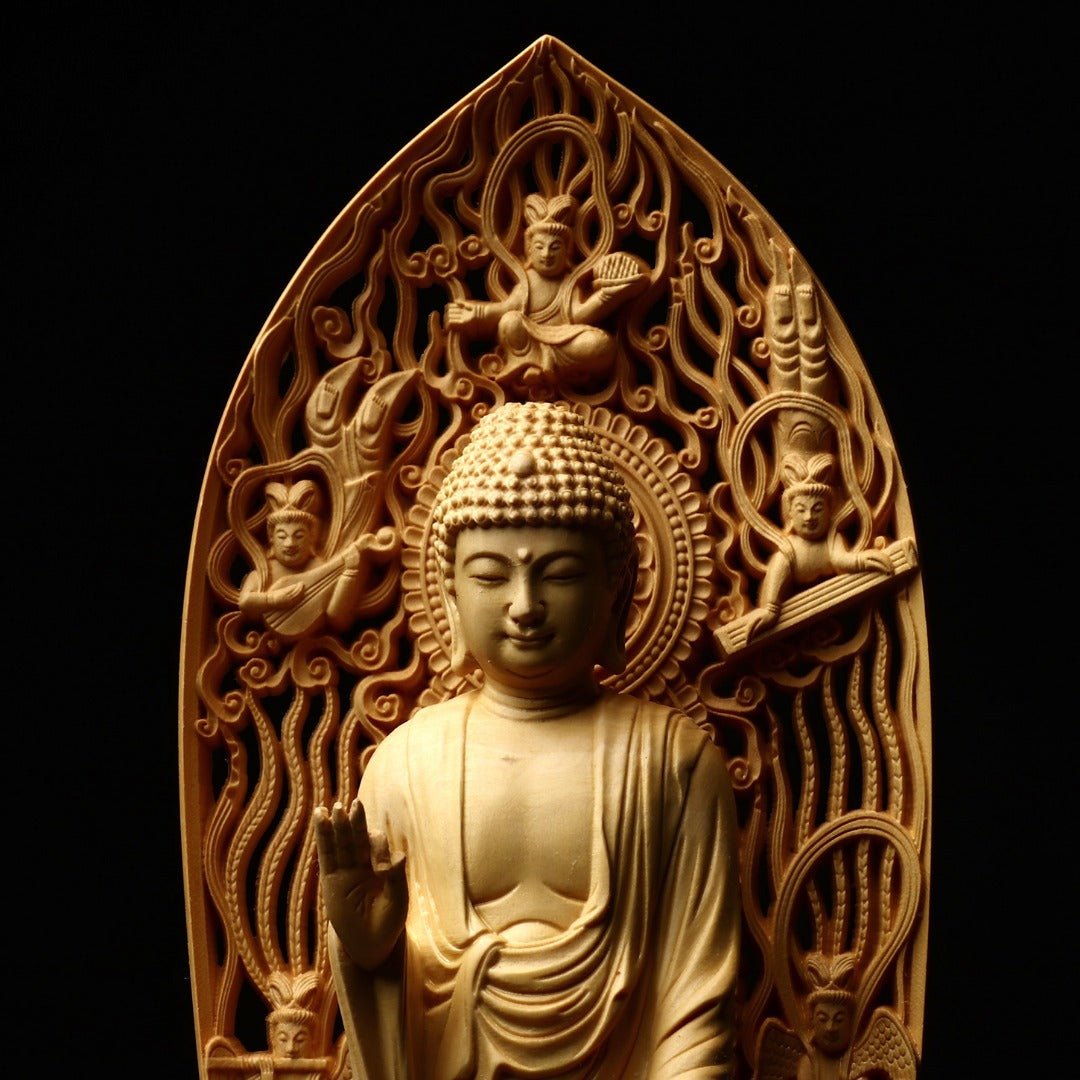 Boxwood carved Sakyamuni Buddha statue, lotus Buddha ornaments - URANBATO