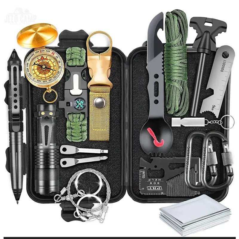 Car survival tool set, outdoor professional first aid kit, professional survival equipment tool set, camping survival set, self - driving tour essential tools, including tactical pen/compass/flashlight/survival blanket/wire saw/whistle, etc. - URANBATO