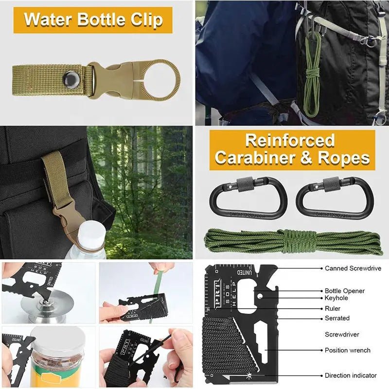 Car survival tool set, outdoor professional first aid kit, professional survival equipment tool set, camping survival set, self - driving tour essential tools, including tactical pen/compass/flashlight/survival blanket/wire saw/whistle, etc. - URANBATO
