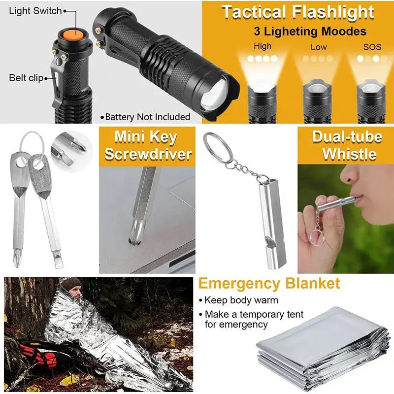 Car survival tool set, outdoor professional first aid kit, professional survival equipment tool set, camping survival set, self - driving tour essential tools, including tactical pen/compass/flashlight/survival blanket/wire saw/whistle, etc. - URANBATO