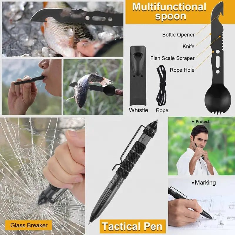 Car survival tool set, outdoor professional first aid kit, professional survival equipment tool set, camping survival set, self - driving tour essential tools, including tactical pen/compass/flashlight/survival blanket/wire saw/whistle, etc. - URANBATO