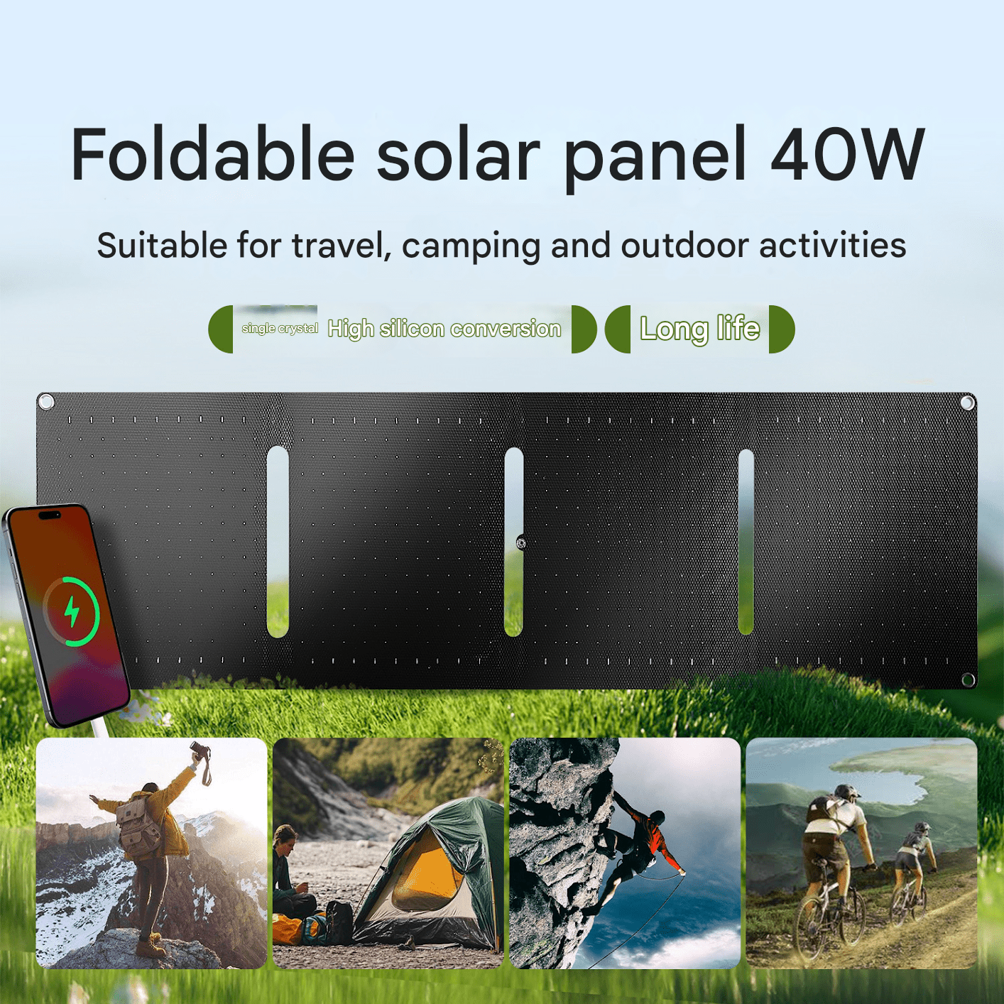 Foldable Solar Charger,40W Monocrystalline,868×253mm Stormproof Panel 5V - 18VDC/USB - A&C Triple Output,20mm Folded,All - Terrain Power Station - URANBATO