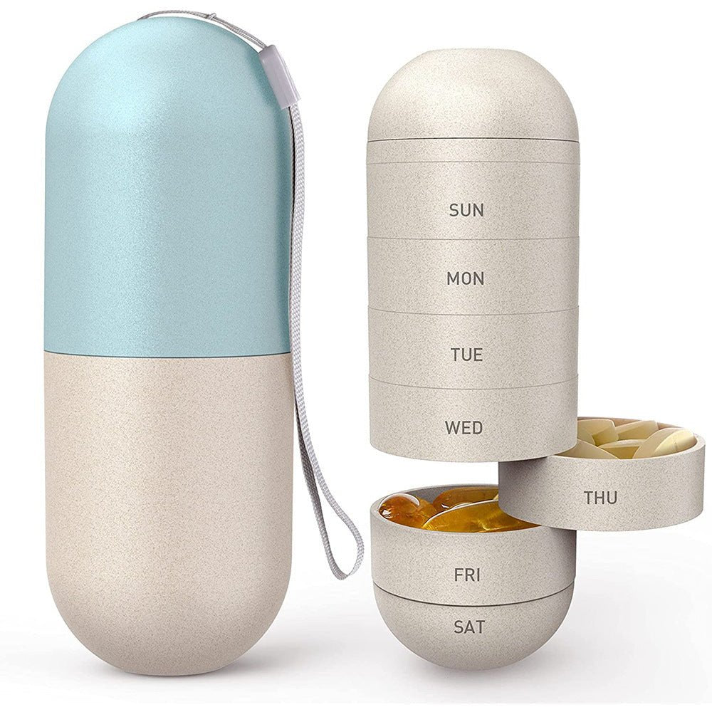 GrainCapsule Pill Box,7 - Day Sealed System,125g Ultra - Light Twin Silicone Seals,Color - Coded Days,Wheat/Rainbow Editions - URANBATO