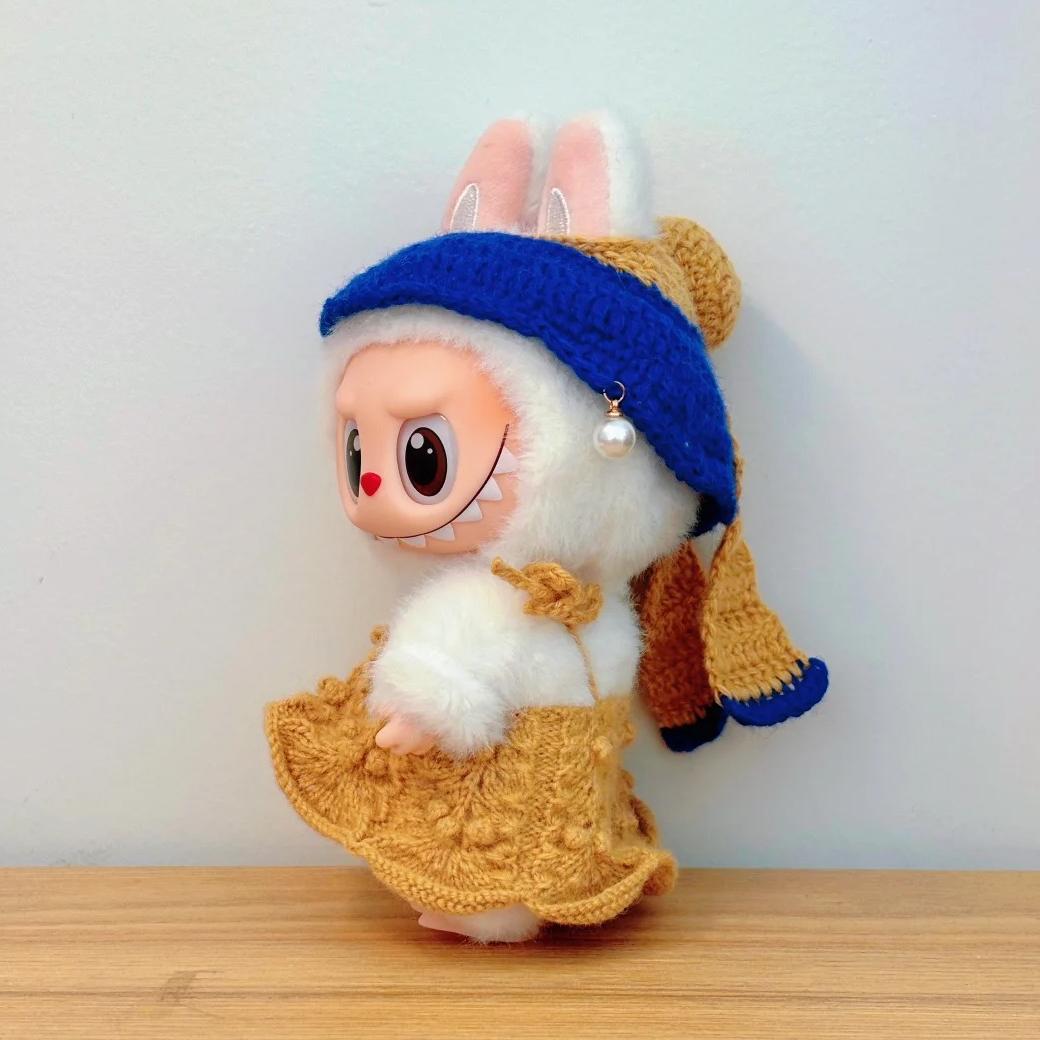 Handmade Knitted "Girl with a Pearl Earring" Inspired Outfit for Labubu Doll - Beanie with Pearl & Ruffled Dress Set (Doll Not Included) - URANBATO