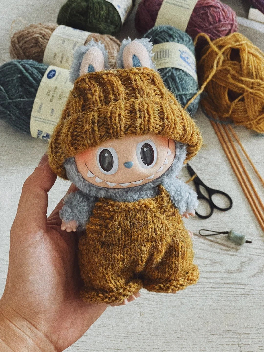 Handmade Knitted Outfit for Labubu Doll - Cozy Beanie & Overalls Set (Doll Not Included) - URANBATO