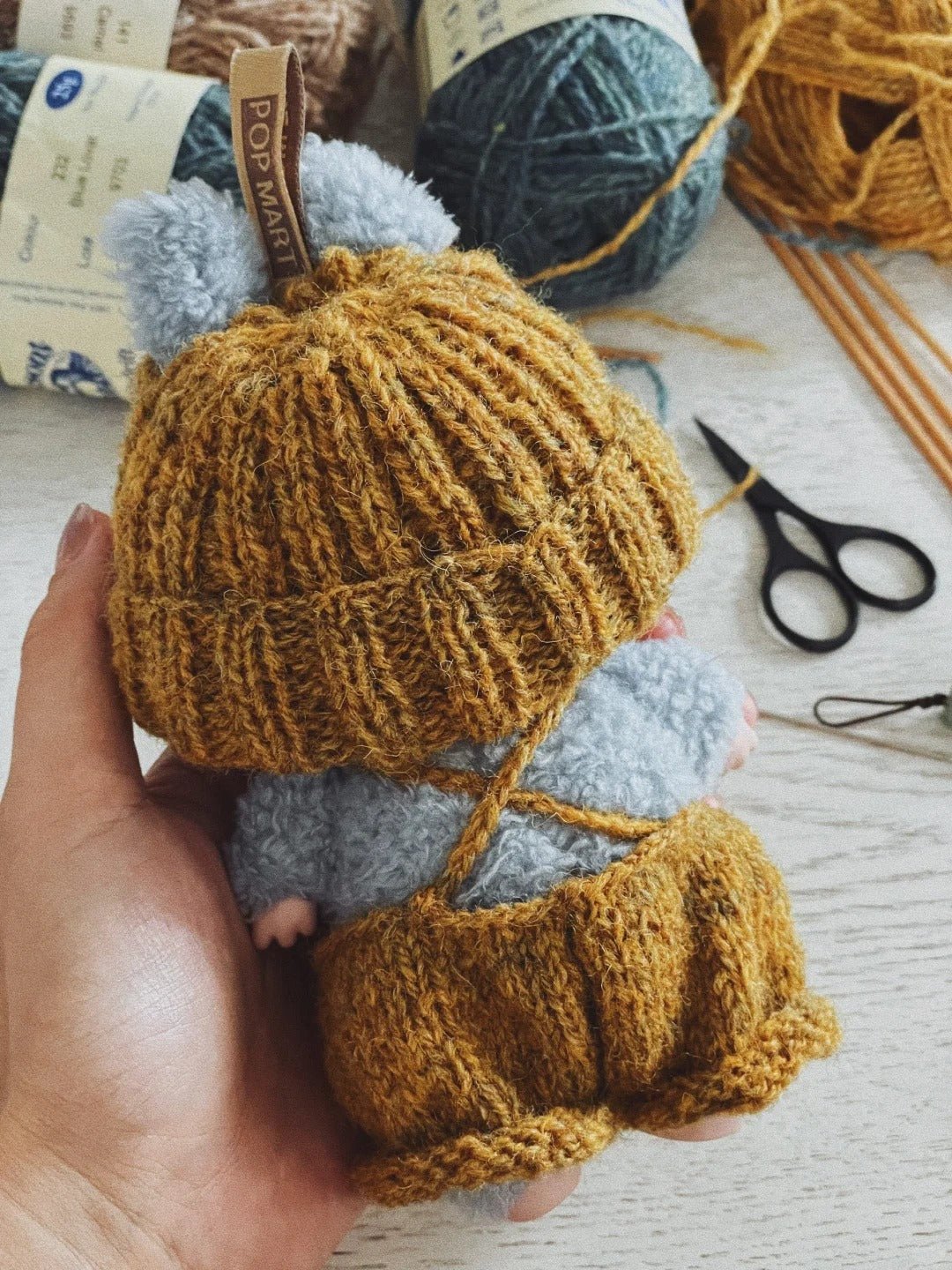Handmade Knitted Outfit for Labubu Doll - Cozy Beanie & Overalls Set (Doll Not Included) - URANBATO