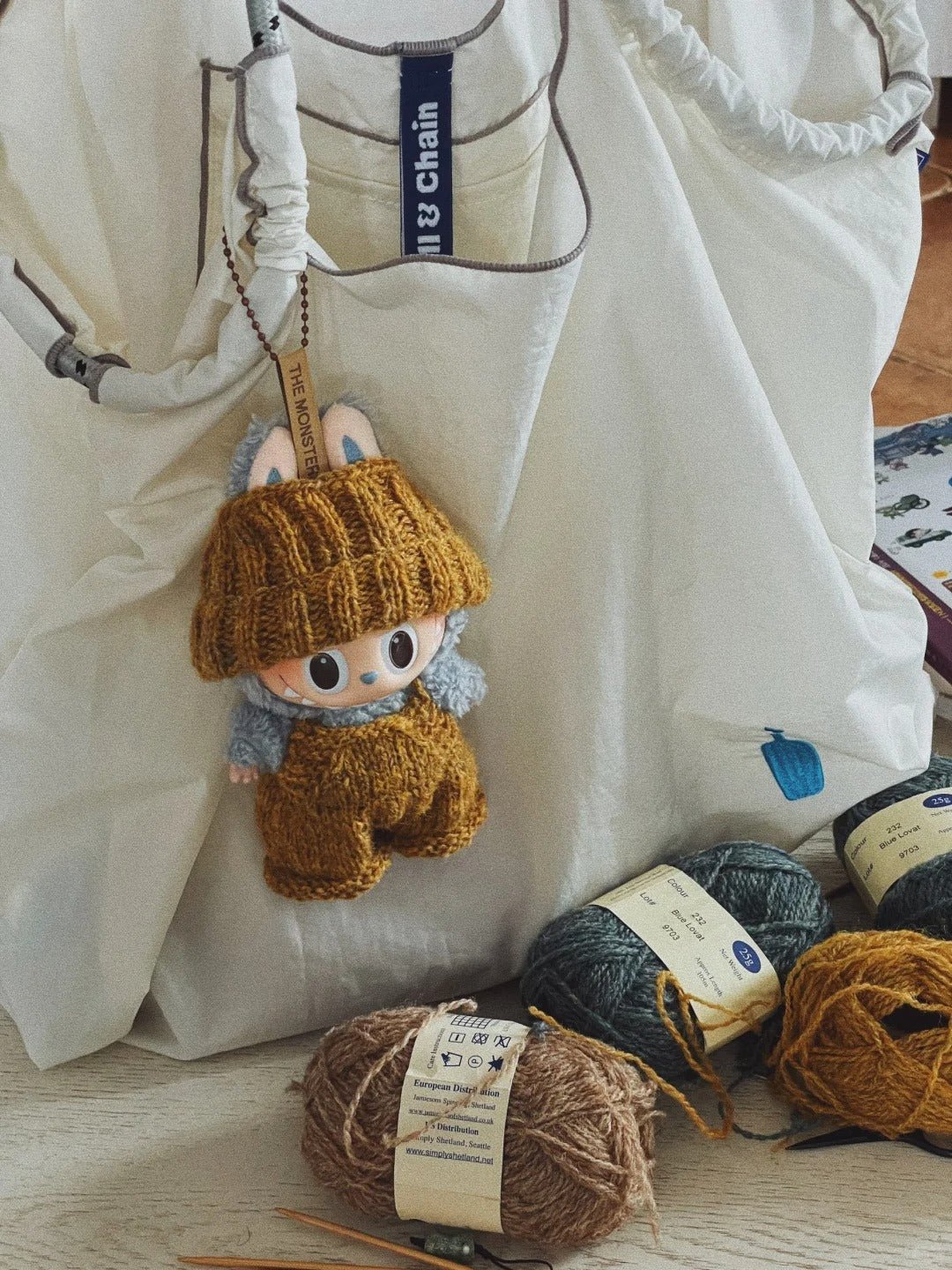 Handmade Knitted Outfit for Labubu Doll - Cozy Beanie & Overalls Set (Doll Not Included) - URANBATO