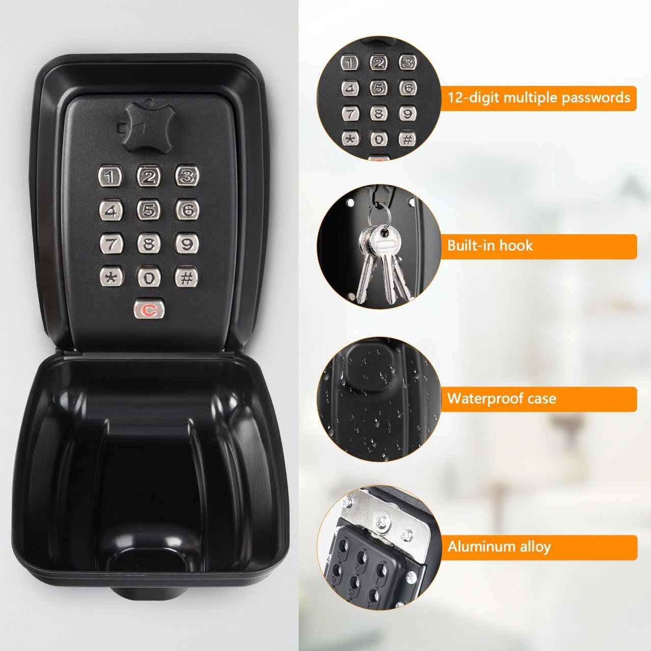 HE BANK Key Vault,Touchscreen Digital Lock,10×8×3cm Storage 12 - Key Smart Pad,IPX4 Waterproof,Tool - Free Installation Kit - URANBATO