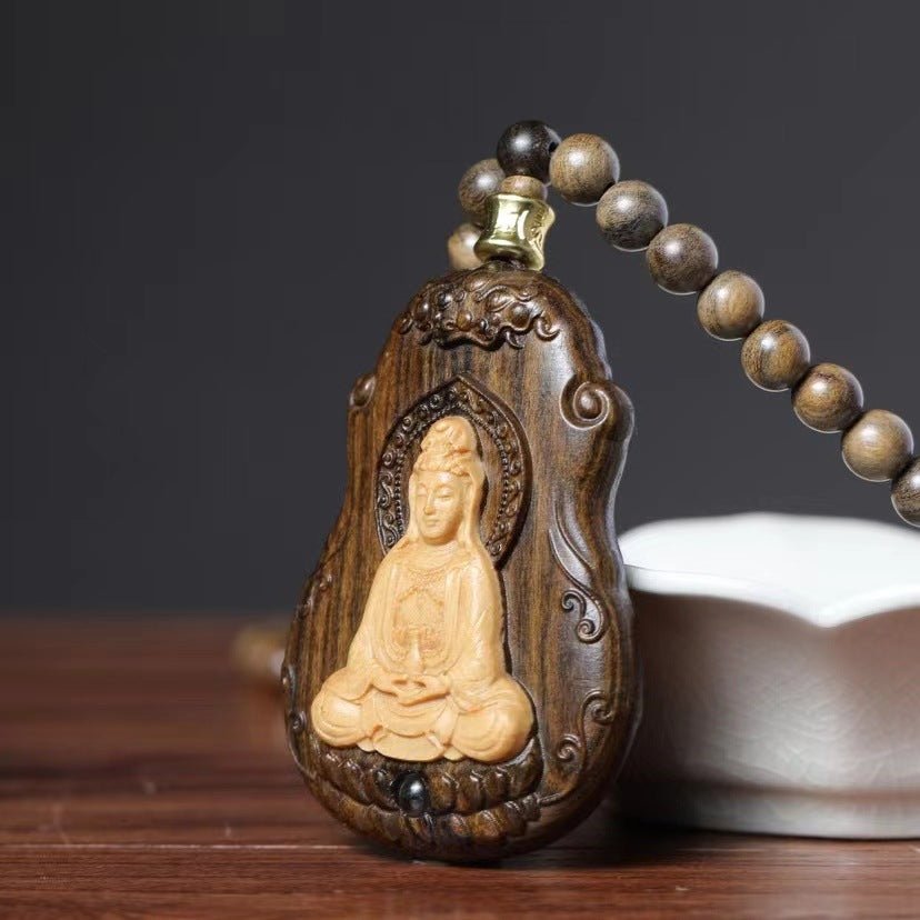 Jingping Guanyin pendant, made of natural old Dara agarwood, carved hand - held pieces, men and women's neck hanging ornaments wood carvings - URANBATO