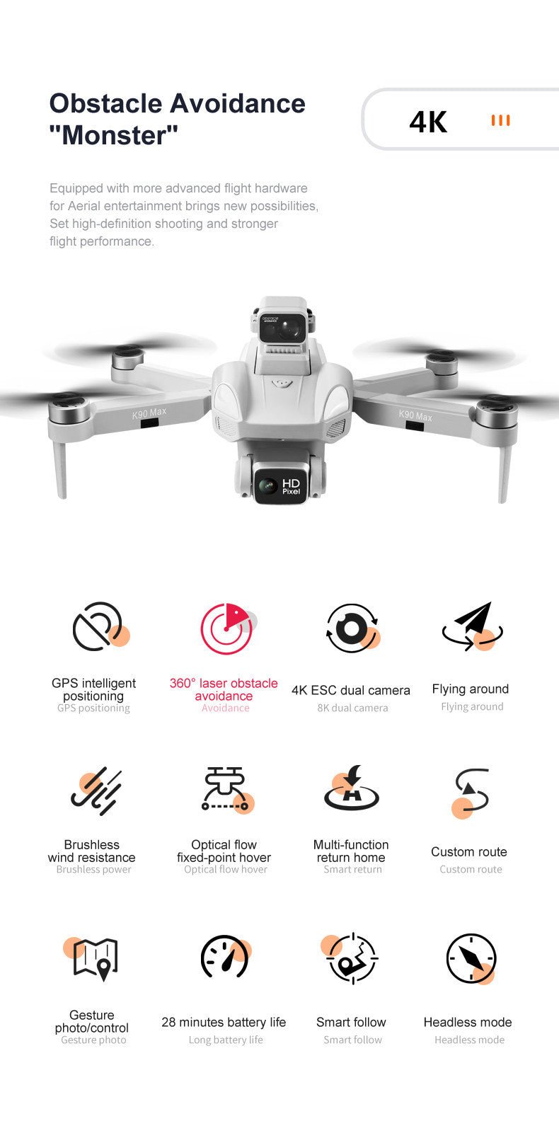 K90 Max Omnidirectional Drone,360° Lidar Navigation,4K ESC Dual - Camera 28min Flight,Brushless Wind Resistance,GPS+Optical Flow Positioning - URANBATO
