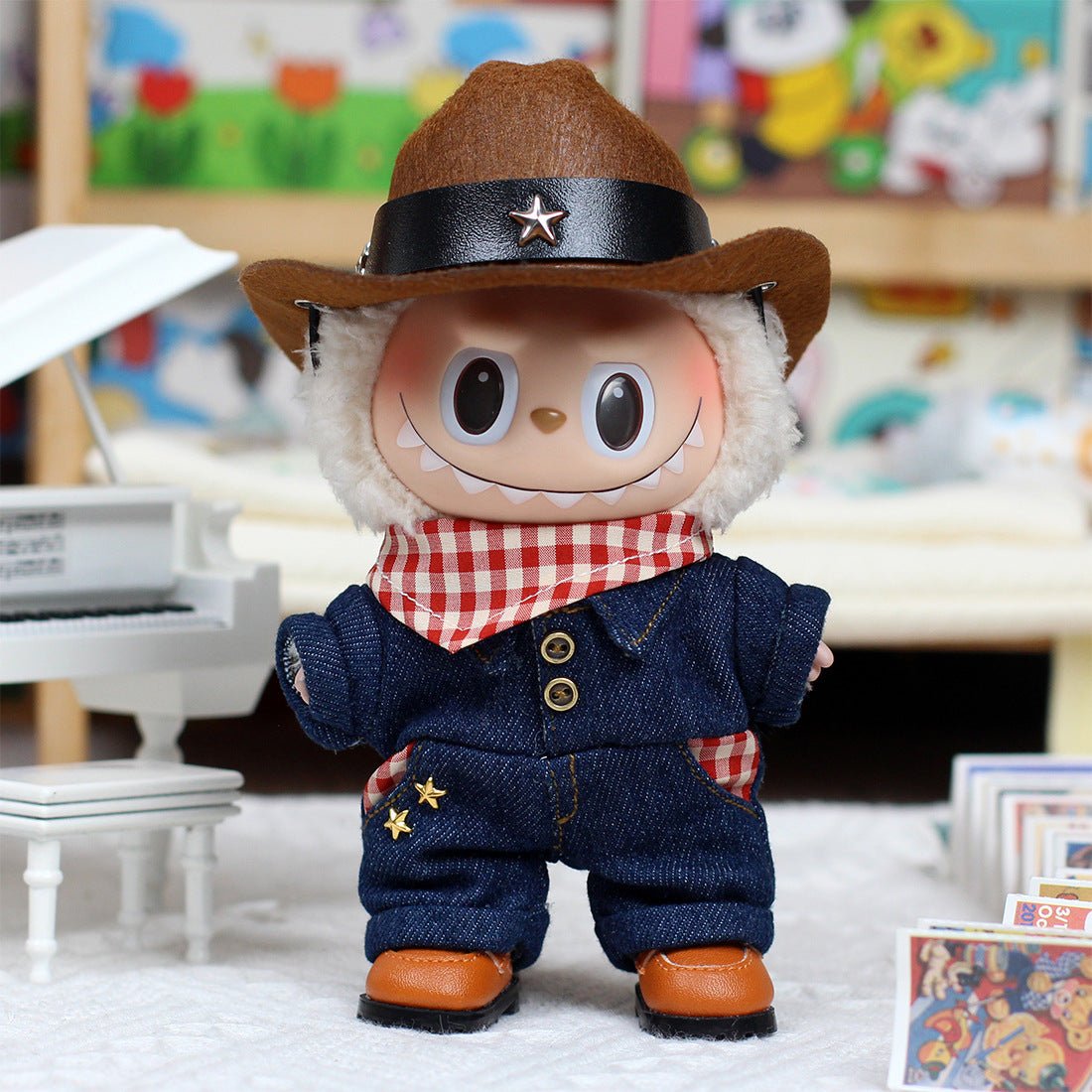 [Labubu clothes] 17cm Labubu doll clothes pendant doll clothes denim jumpsuit - URANBATO