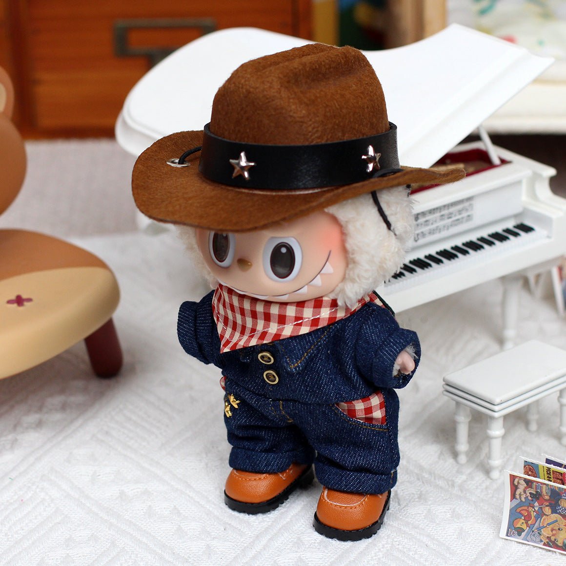 [Labubu clothes] 17cm Labubu doll clothes pendant doll clothes denim jumpsuit - URANBATO