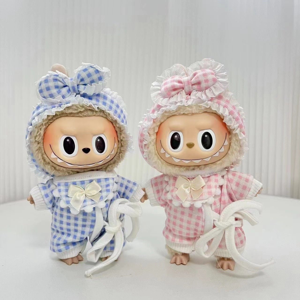 [Labubu Dress Up] 15cm new clothes Labubu blue and pink plaid pajamas three - piece set - URANBATO