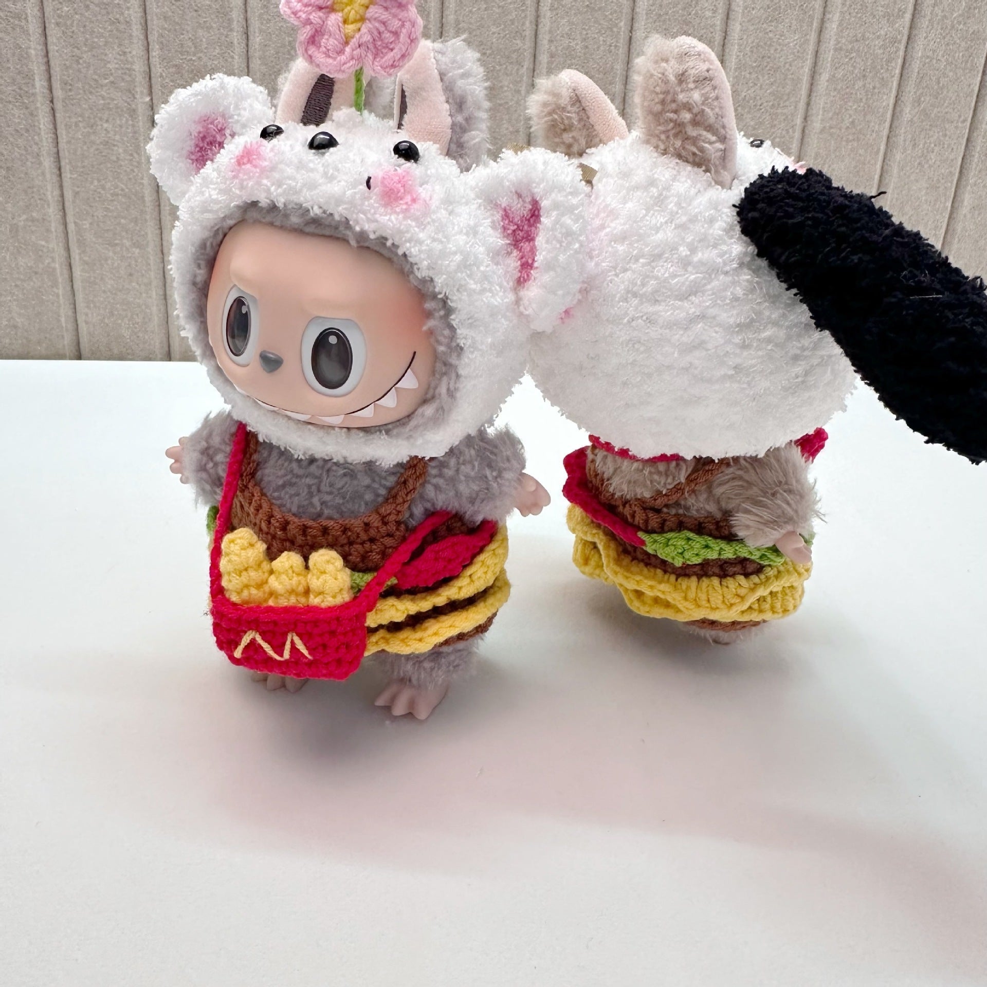 [Labubu Dress Up] 17cm Labubu Handmade Hamburger and French Fries Set Dog Headgear - URANBATO