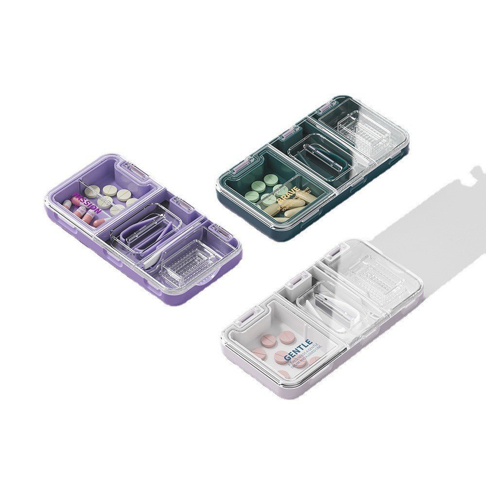 Mini three - compartment portable medicine box for cutting and grinding medicines, dust - proof and sealed medicine packaging storage box - URANBATO