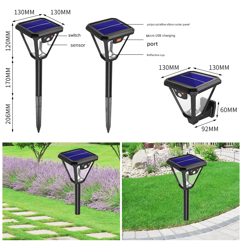 New solar waterproof human body induction wall lamp, garden lighting can be plugged into the ground or wall - mounted, outdoor lawn LED landscape light, white light and warm light dual color, automatically lights up when people come - URANBATO