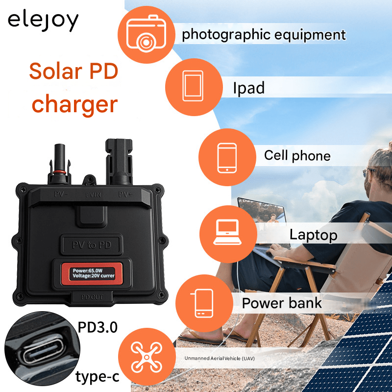 Outdoor solar PD charger, Solar panel to PD fast charging, 65W high power support PD3.0 and Type - C, all - round fast charging for laptops, mobile phones and tablets,Small and portable, fast charging, 65W high power - URANBATO