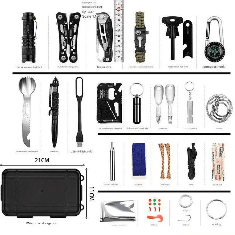 Outdoor survival 60 - in - 1 multifunctional tool box, camping survival equipment, camping set, multifunctional outdoor survival SOS emergency equipment, essential tools for hiking and mountaineering, emergency rescue supplies collection - URANBATO