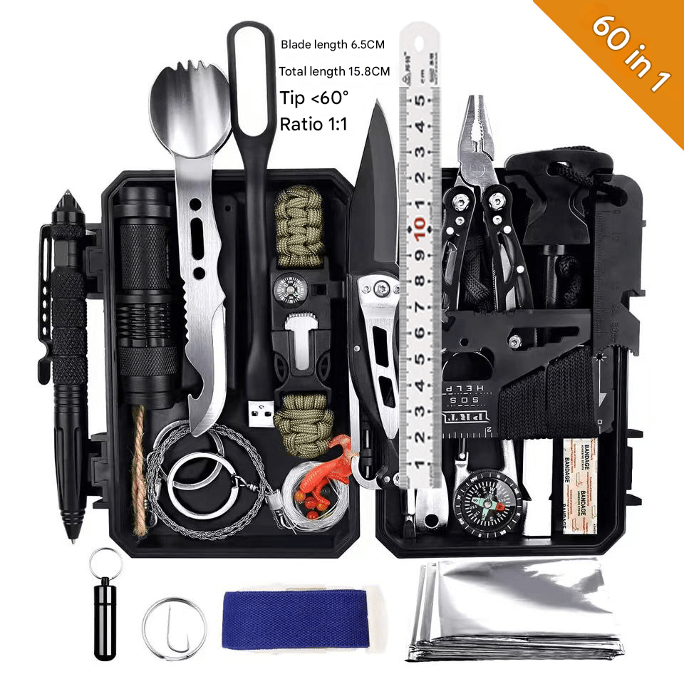 Outdoor survival 60 - in - 1 multifunctional tool box, camping survival equipment, camping set, multifunctional outdoor survival SOS emergency equipment, essential tools for hiking and mountaineering, emergency rescue supplies collection - URANBATO