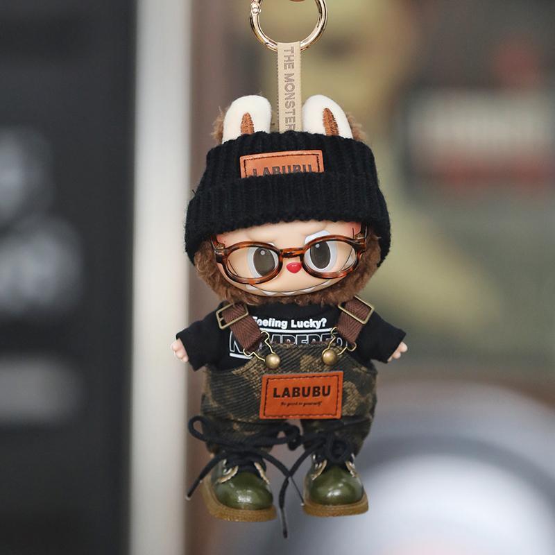 Pop Mart 17cm labubu doll clothes, doll shoes, suspenders + leather shoes + woolen hat + glasses four - piece set - URANBATO