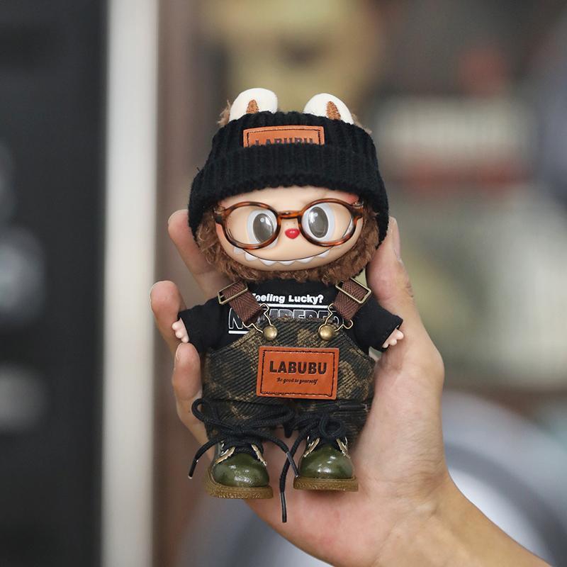 Pop Mart 17cm labubu doll clothes, doll shoes, suspenders + leather shoes + woolen hat + glasses four - piece set - URANBATO