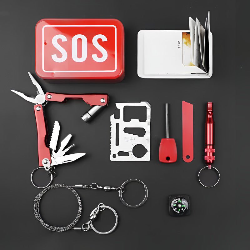 Portable outdoor multi - function tool box, outdoor life - saving box, survival kit, outdoor survival tools, metal storage box emergency kit, survival whistle/rope saw/compass/magnesium rod and other first aid survival box equipment - URANBATO
