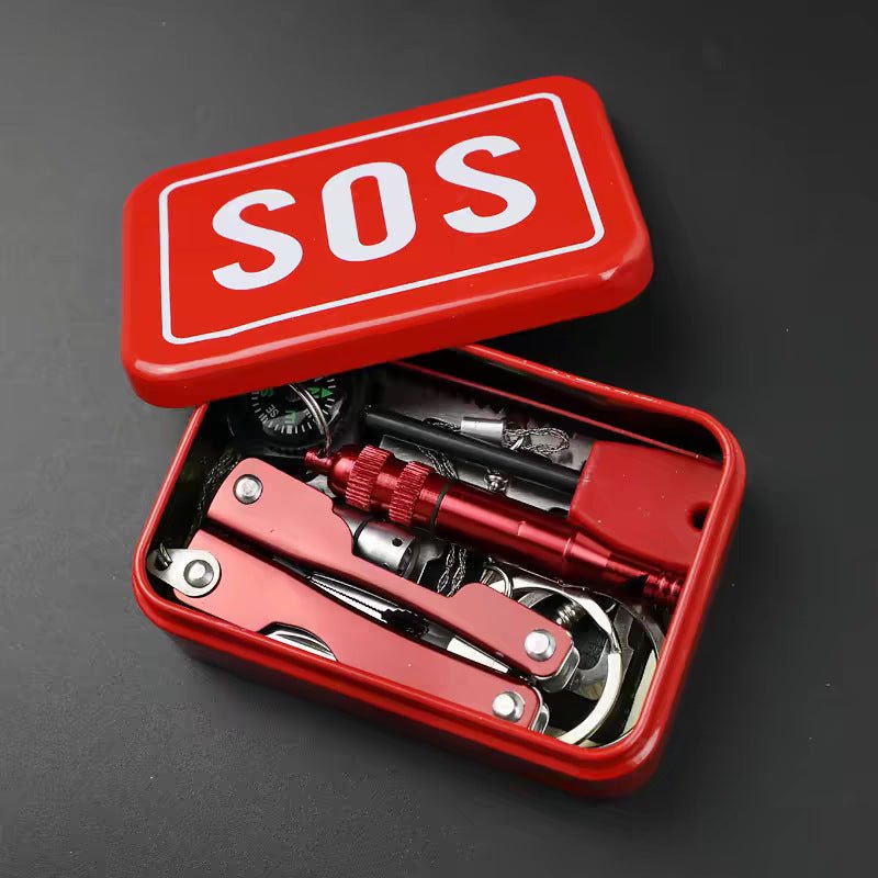 Portable outdoor multi - function tool box, outdoor life - saving box, survival kit, outdoor survival tools, metal storage box emergency kit, survival whistle/rope saw/compass/magnesium rod and other first aid survival box equipment - URANBATO