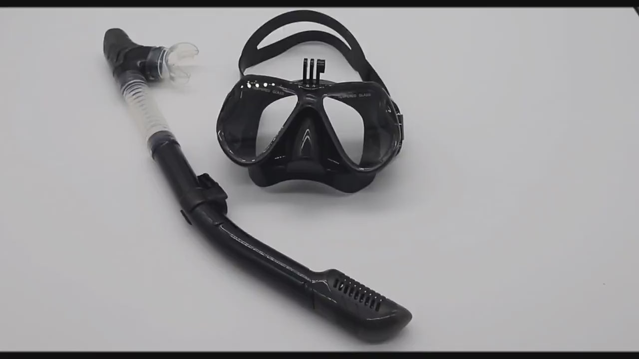 Load video: Diving goggles with camera holder, full dry snorkel, camera mountable snorkeling goggles set
