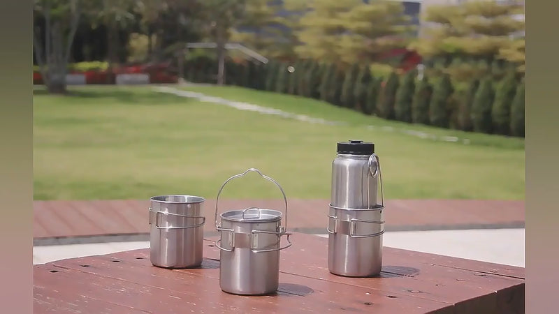 Uranbato Camping 1L stainless steel kettle + 750ML stainless steel folding water cup set, outdoor coffee cup with fish mouth support, camping water and rice boiling kettle set