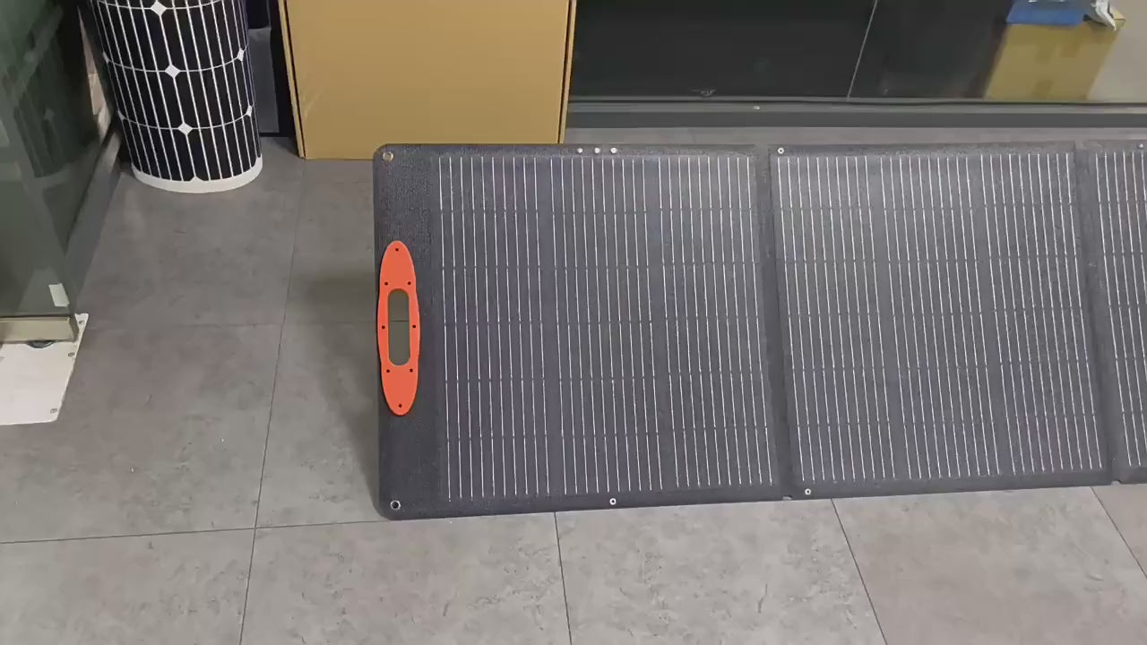 Load video: 120W portable outdoor solar panel with USB output, foldable monocrystalline photovoltaic panel, suitable for charging digital devices in RV camping,Suitable for Blackout/Fishing/Camping/RV Trip