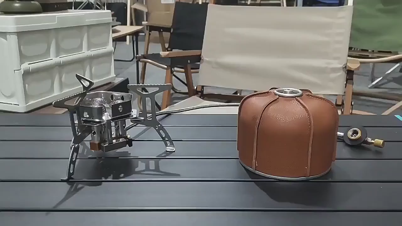 Load video: High-power three-burner stove, outdoor portable cassette stove, outdoor windproof stove, cooking and boiling water stove equipment, camping and picnic gas stove, compatible with flat gas tank and long gas tank cassette stove