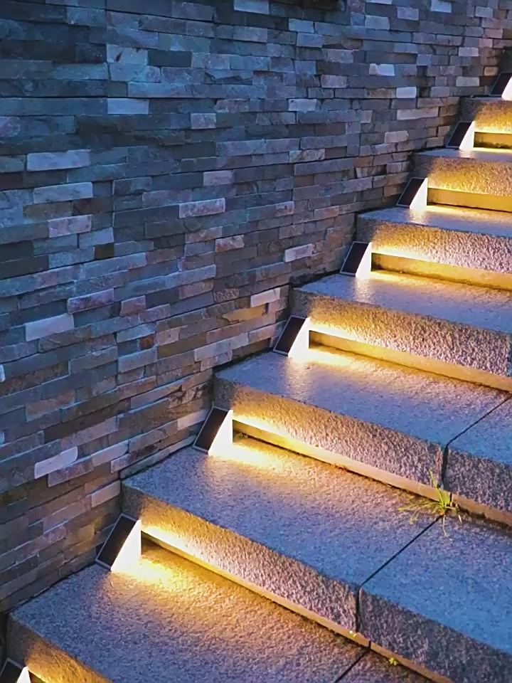 Load video: URANBATO Solar stair lights, step lighting, courtyard garden atmosphere balcony solar footlights, lawn solar buried lights