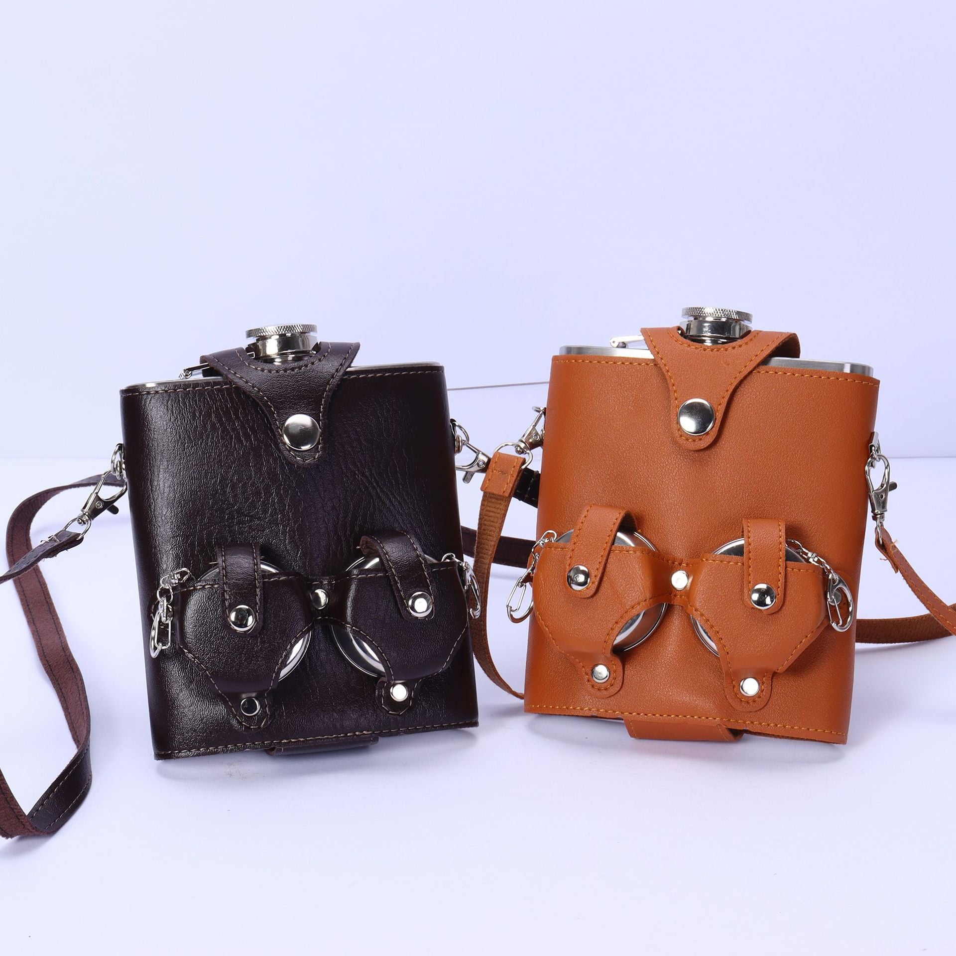 Russian style Vintage 18oz Flask Set w/ Telescopic Cup,Distressed brown leather finish - URANBATO