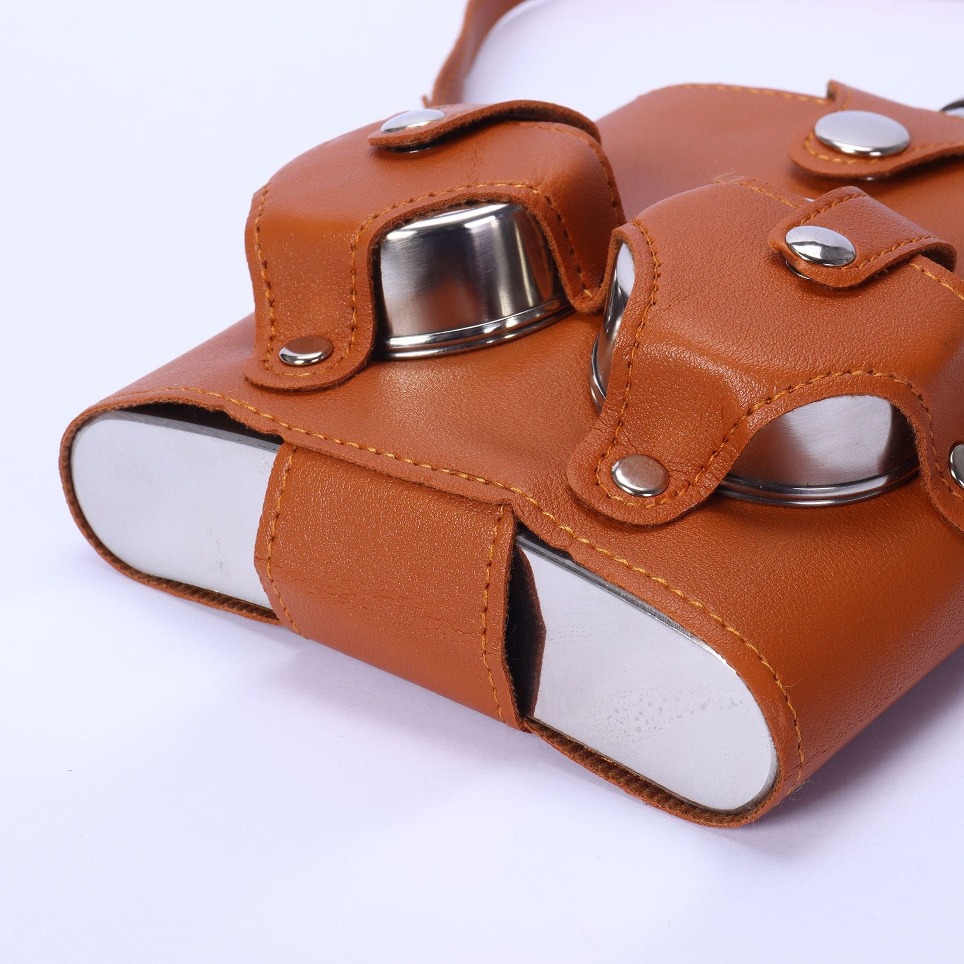 Russian style Vintage 18oz Flask Set w/ Telescopic Cup,Distressed brown leather finish - URANBATO